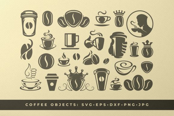 Coffee Beans and Cups Silhouettes and Icon